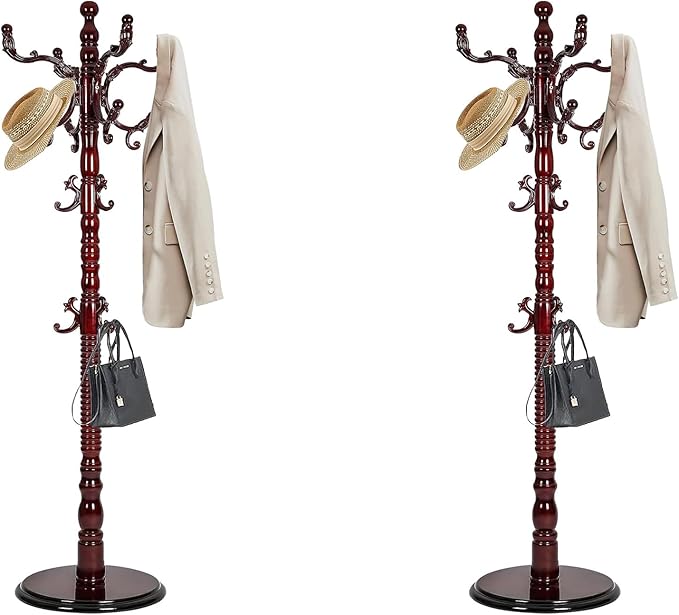 73”Vintage Wooden Coat Rack Freestanding With 14 Hooks and Sturdy Round Base。3-level Adjustable Vintage Wooden Coat Rack.Coat Rack Stand for Living Room Bedroom Office