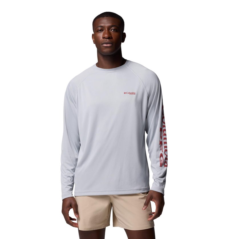 Columbia Men's PFG Terminal Tackle Long Sleeve Fishing Shirt, Cool Grey/Dusty Crimson Logo, Large