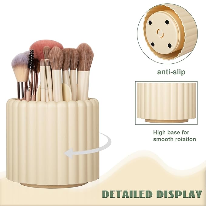 Anyoifax 360 Rotating Makeup Brush Holder 7 Slots Make Up Brush Organizer Removable Spinning Cosmetic Brushes Storage Pen Holder for Vanity, Dresser, Desk, Beige