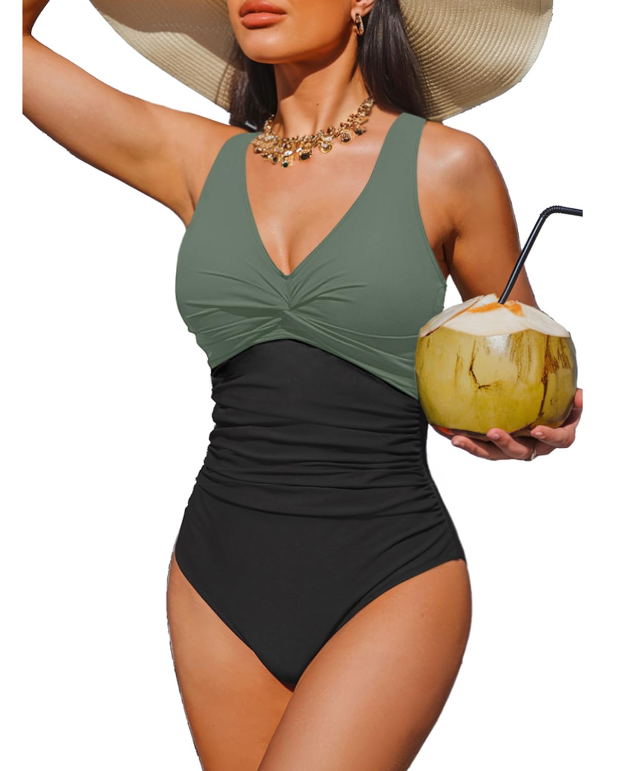 Holipick Green and Black Tummy Control One Piece Swimsuit Full Coverage Bathing Suit L