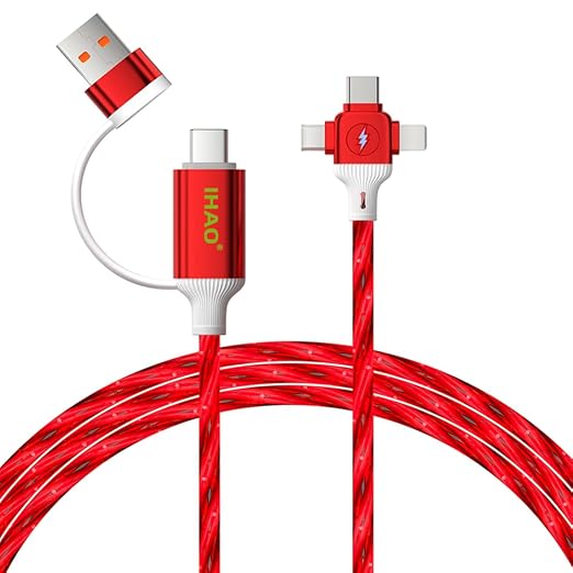 IHAO Multi Ports Light-Up USB Cable USBA to USBC/MicroUSB Cable Durable Fast Charging Cable with Visible Current Flow As Night Light Use-3in1 Blue