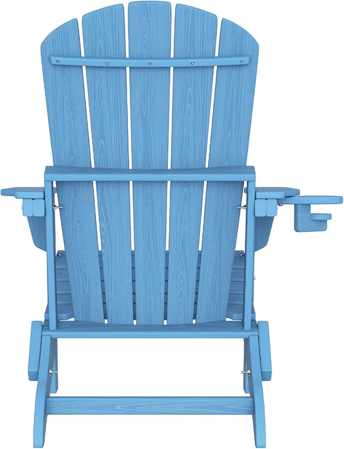 Plawdlik Folding Adirondack Chair with Cup Holder,SGS Tested,Heavy All-Weather,Wooden Textured,HDPE Outdoor Chairs for Patio Backyard Fire Pit, Light Blue