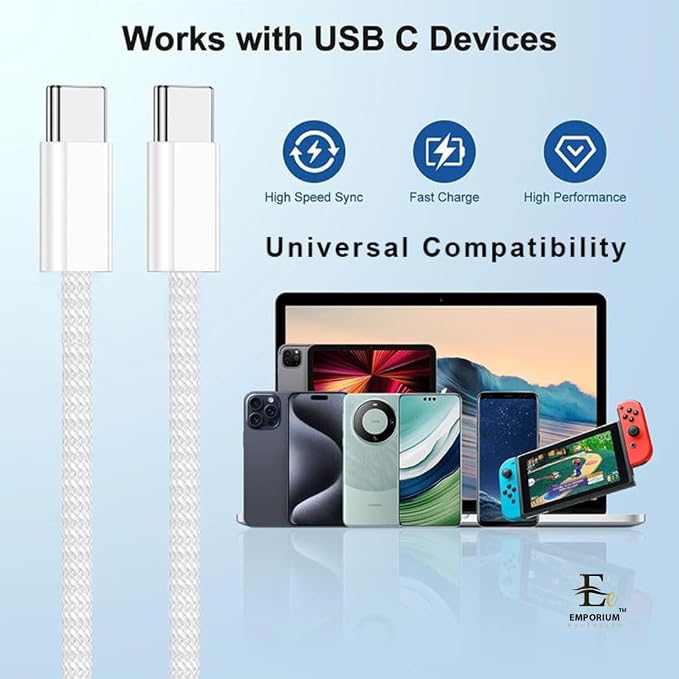 Emporium | 20W Power Charge USB C Cables and Wall Charger Kit | 3ft White USB C to C Charging Cable