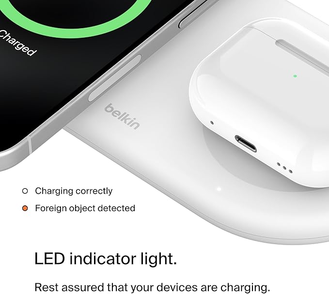 Belkin 2-in-1 Wireless Charging Pad w/ Qi2 15W + Additional USB-C Port - MagSafe-Compatible Charger, Charging Station for iPhone 16 & 15 Series, Samsung Galaxy S25 Series, AirPods, & More - White