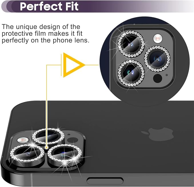 Suoman for iPhone 14 Pro Max / 14 Pro Camera Lens Protector [Diamonds Bling] 9H Tempered Glass Full Coverage Metal Protective Cover - Diamond Black