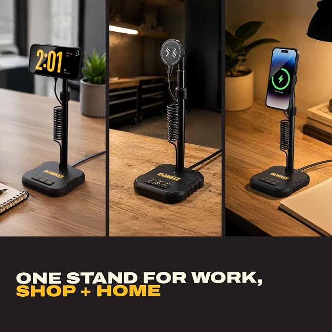 DEWALT Heavy Duty Magnetic Wireless Charging Stand w/USB Ports | MagSafe Charger Adjustable Workbench Stand w/Wireless Charger iPhone Compatible