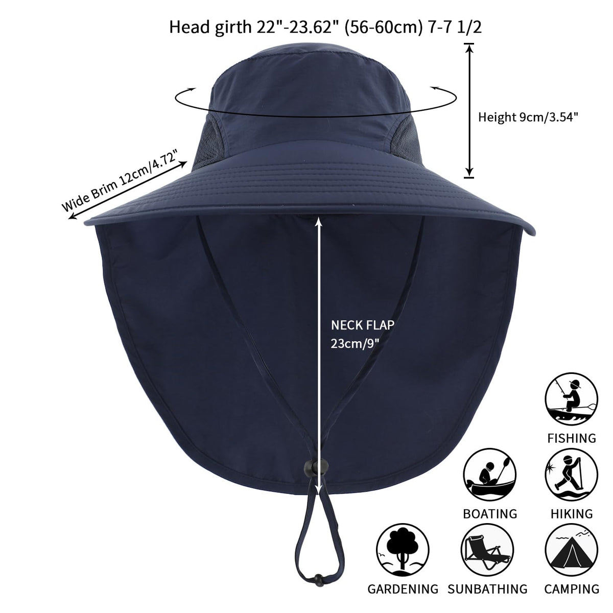 Home Prefer UPF50+ Mens Sun Hat Wide Brim Mesh Fishing Hat with Neck Flap UV Protection Hat for Gardening Golf Navy Blue