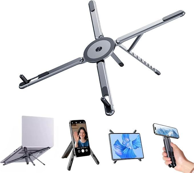 Portable Laptop Stand for Desk Foldable Adjustable Computer Riser with Magnetic Phone Holder Aluminum Laptop Stand Tablet Stand Mobile Phone Holder (Navy Blue)