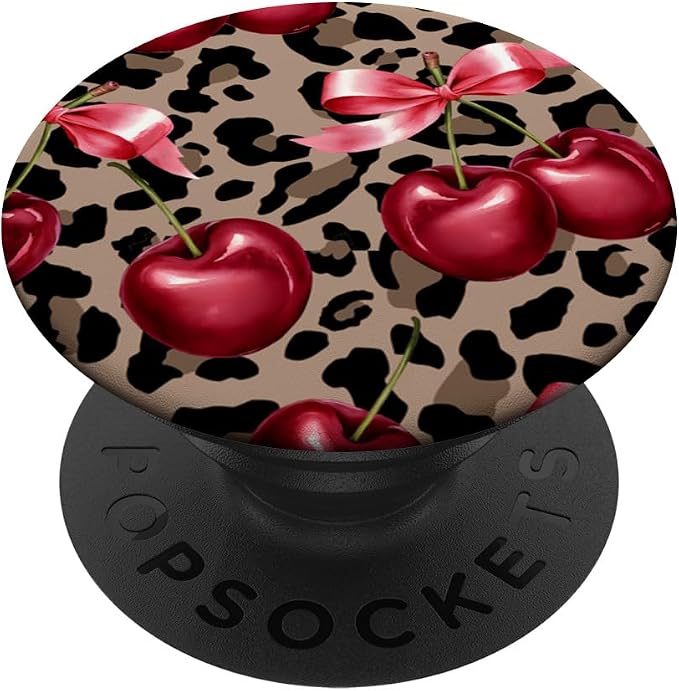 Brown Cheetah Valentine Girls Leopard Print Cherry And Bow PopSockets Adhesive PopGrip