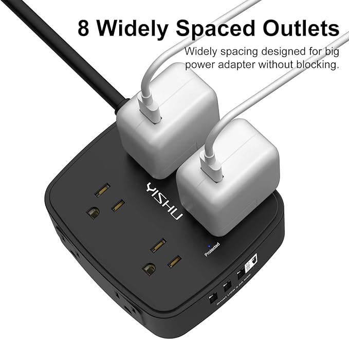 10 Ft Surge Protector Power Strip - 8 Widely Outlets with 4 USB Ports, 3 Side Outlet Extender with 10 Feet Extension Cord, Flat Plug, Wall Mount, Desk USB Charging Station, ETL, Black