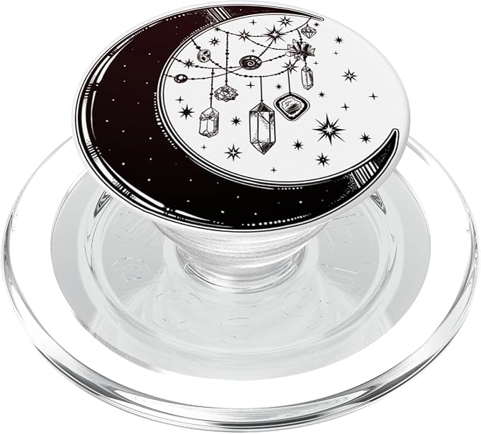 Crescent Moon with Stars with Witch Crystals - Black &amp White PopSockets PopGrip: Swappable Grip for Phones &amp Tablets