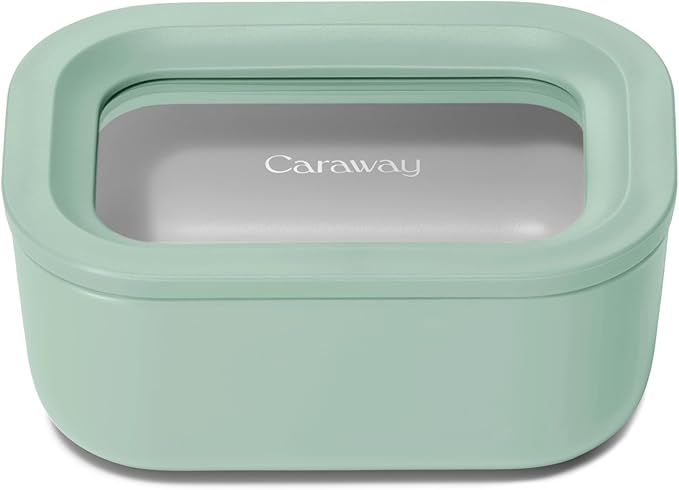 Caraway Mini Rectangle Food Storage Container - 2.6 Cup Glass Storage Container for Food - Non-Toxic Ceramic-Coated Glass - Air Release Technology - Compact & Stackable Design - Mist