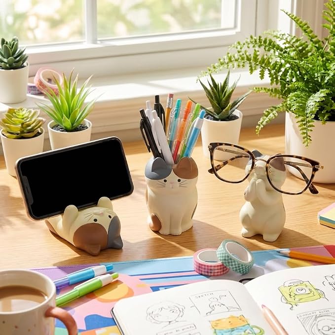 3 PS Cat Shaped Phone Holder and Eyeglass Frame with Pen Holder Animal Resin Gift for cat Enthusiasts Home and Office Fashion Accessories-Brown