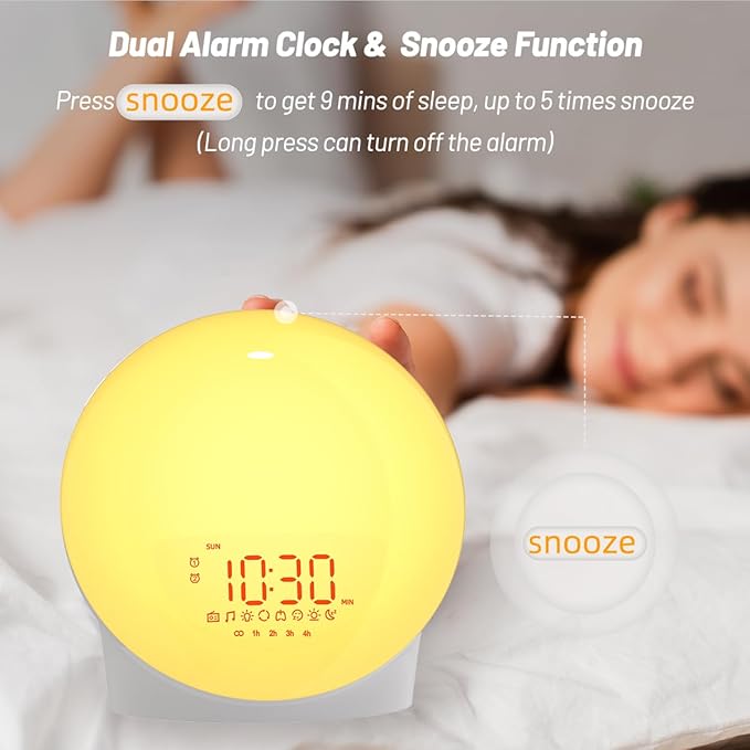 iEasy Wake up Light Sunrise Alarm Clock for Everyone, Sunrise Sunset Simulation, Sleep Aid, Dual Alarms, FM Radio, Snooze, Nightlight13 Colors 23 Sleep Sounds 28 Built-in Alarm Tone 32 Volumes Gift