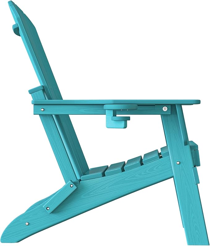 Plawdlik Folding Adirondack Chair, SGS Tested, Wooden Textured with Cup Holder, Heavy All-Weather HDPE Comfortable Set Poolside Backyard Lawn Aruba Blue Set 2