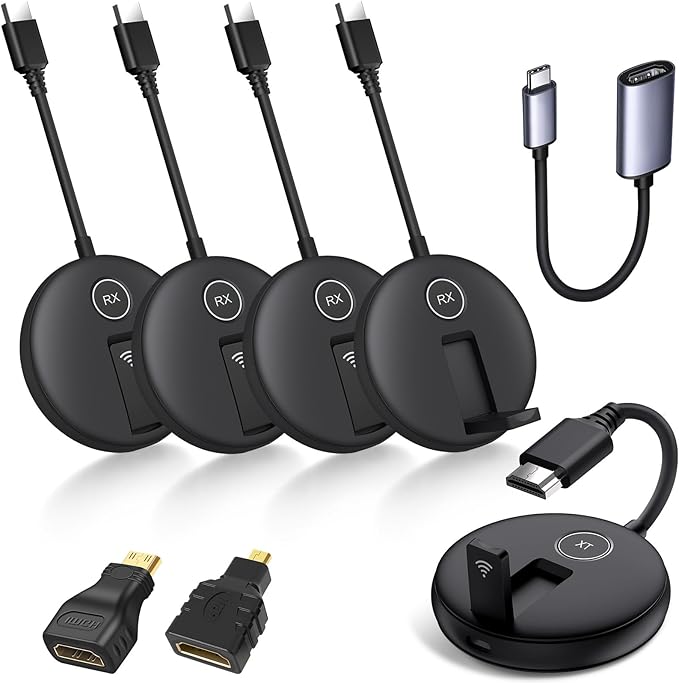 YUYUNLOMN Wireless HDMI Four Receivers and Transmitter,165FT/50M,Splitter Plug and Play,Wirelessly Simultaneous Expansion to Multi-TVs,1080P Full HD for Streaming from Laptop,Camera,PC to TV/Projector