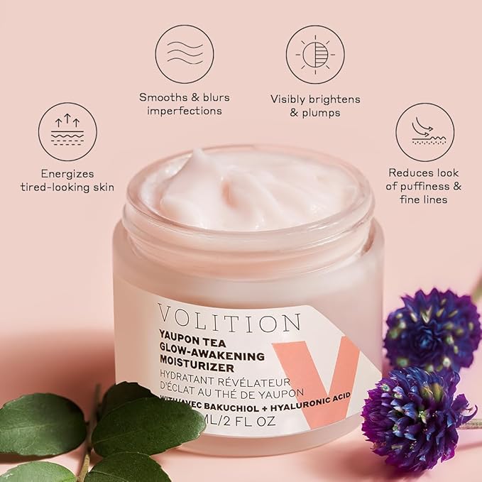 Volition Beauty Yaupon Tea Glow-Awakening Moisturizer with Bakuchiol + Hyaluronic Acid | Caffeinated Facial Cream Energizes Tired Skin | Natural Retinol Alternative Reduces Look of Wrinkles (2 fl oz)