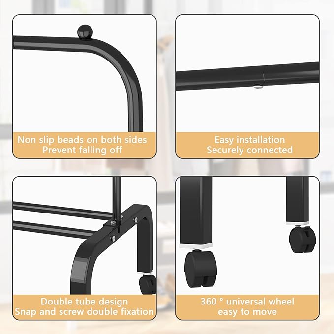 Rolling Clothes Rack Metal Clothing Rack with Wheels Garment Rack with Bottom Shelf for Hanging Clothes Shirts Jeans and Coats Black