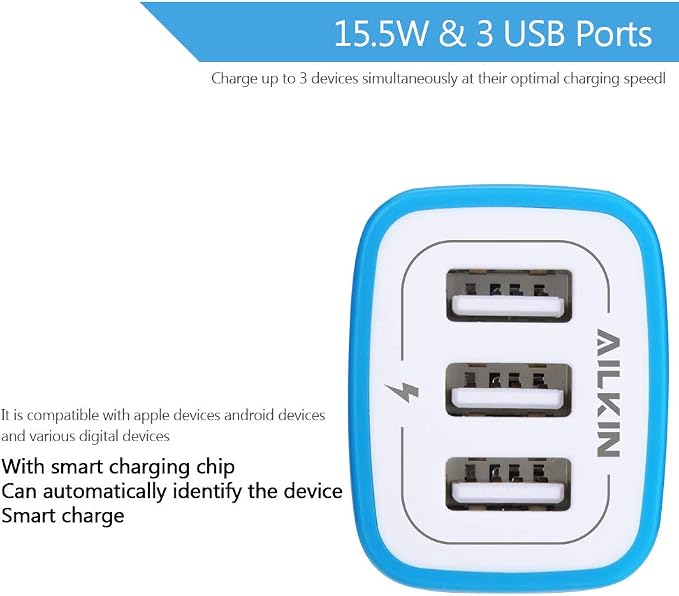 Wall Charger AILKIN 3.1A MultiPort Fast Charger Plug Travel Home Power Adapter Quick Charging Block Base Boxed for iPhone 15 14 13 12 11 10 8 7 Pro Max Mini Samsung Galaxy Pixel Kindle USB Brick