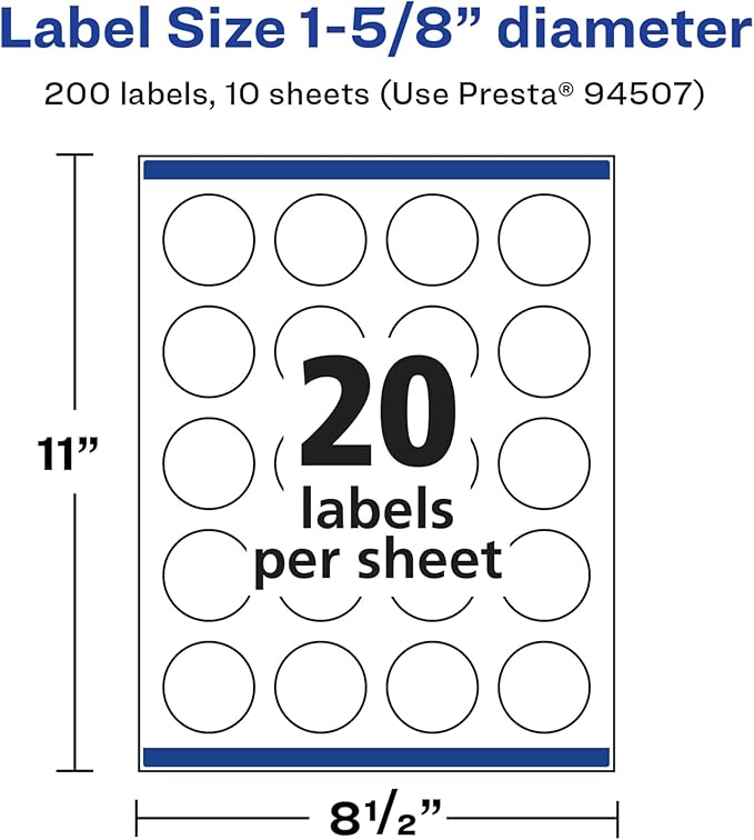 Avery Glossy White Round Labels, Sure Feed Technology, 1-5/8" Diameter, 200 Glossy White Labels, Print-to-The-Edge, Permanent Adhesive, Laser/Inkjet Printable