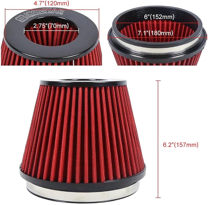 KYOSTAR Universal 6" High-Flow Air Filter, Reusable Cone Cold Air Intake
