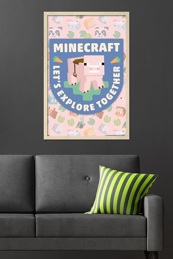 Trends International Minecraft - Let's Explore Together Wall Poster, 34L x 22.4W, Blonde Framed Version