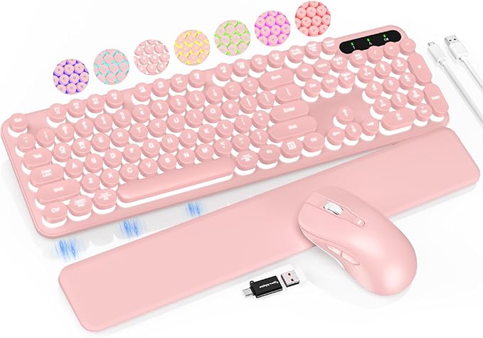 Wireless Keyboard and Mouse Backlit - Typewriter Keyboard with Retro Round Keycaps, Detachable Wrist Rest, Light Up Letters, 2.4G Rechargeable Combo for Mac, Windows, PC, Laptop, Trueque (Pink)
