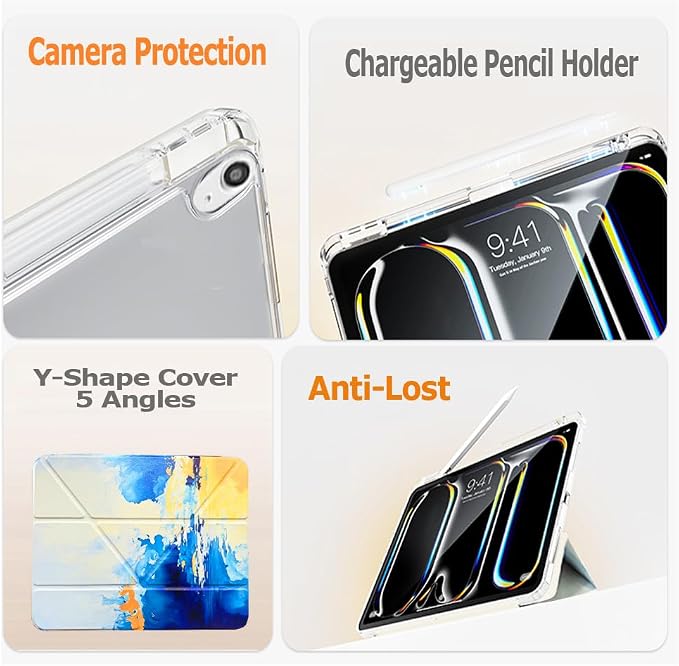 Slim Case for iPad Air 11 M4/M3/M2 &amp 10.9 5th/4th Gen Aqua Blue | Pencil Holder Multi-Angle Y Fold Stand Clear Acrylic Cute Cover Auto Wake-Sleep 2026/2025/2024/2022/2020