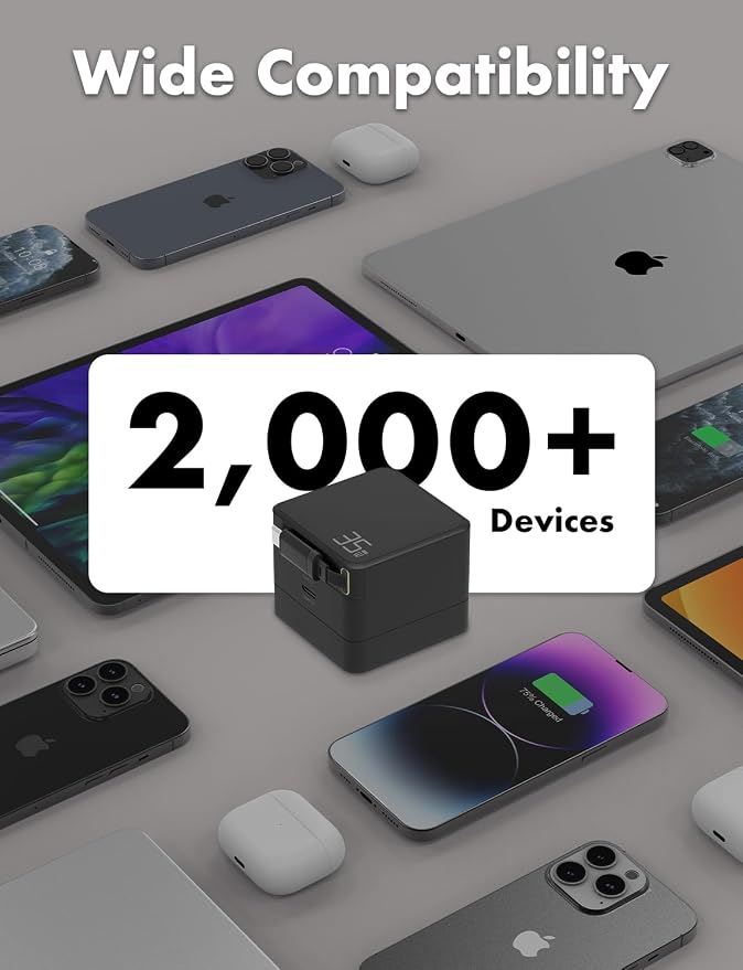 USB C Retractable Charger GaN PD 35W Charger Block Black | Type C Cable Portable Wall Phone Fast Charging Adapter Foldable Plug for iPhone 17/16/15 Pro Max/iPad/Galaxy/Pixel