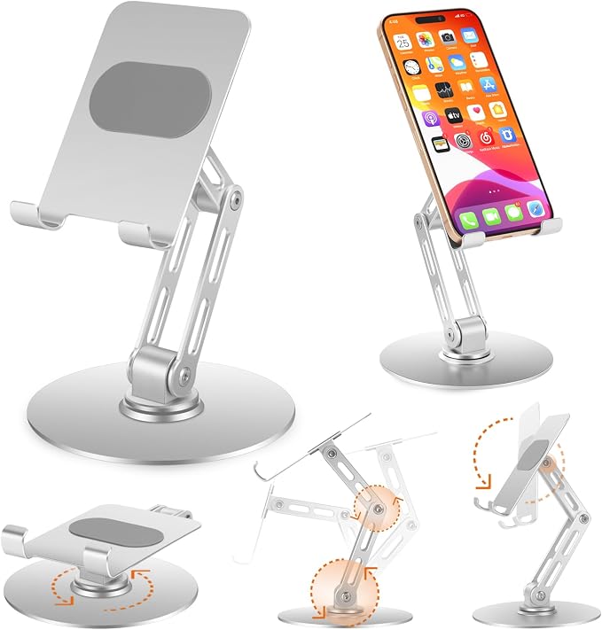 Adjustable Aluminum Phone Stand for Desk Phone Holder for iPhone &amp iPad | Weighted Metal Base for Stable Typing Adjustable Height &amp 360° Rotation for Comfortable Desk Use
