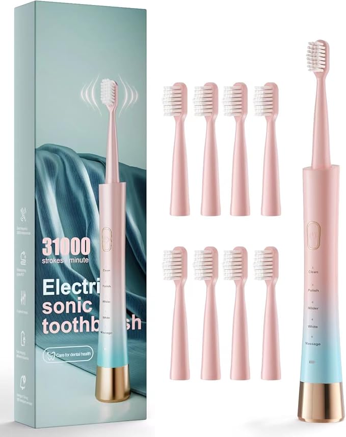 AJELU Pink & Blue Gradient Rechargeable Sonic Electric Toothbrush for Adults, 5 Modes with Smart Timer, 8 Replacement Brush Heads Soft Bristles, High Vibration, Perfect for Home, Travel, Gift