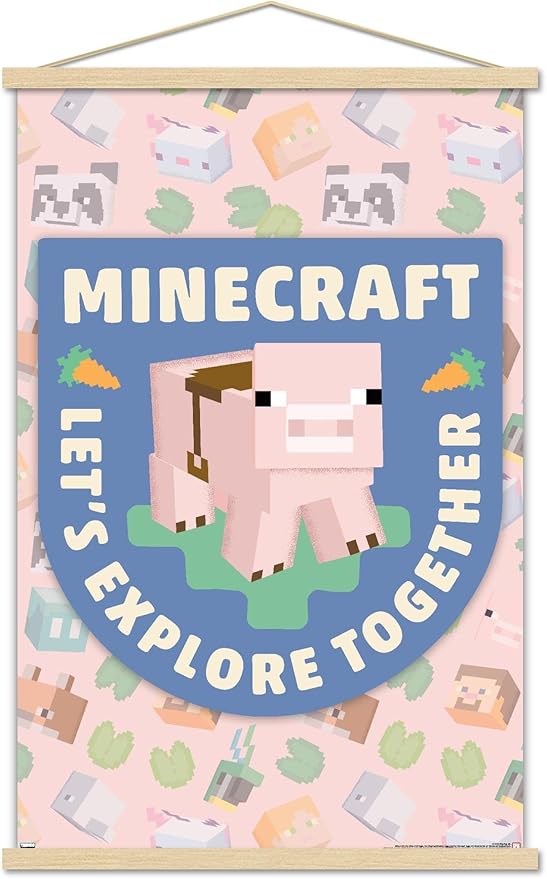Trends International Minecraft - Let's Explore Together Wall Poster with Magnetic Frame, 34L x 22.4W, Premium Print and Beechwood Hanger Bundle