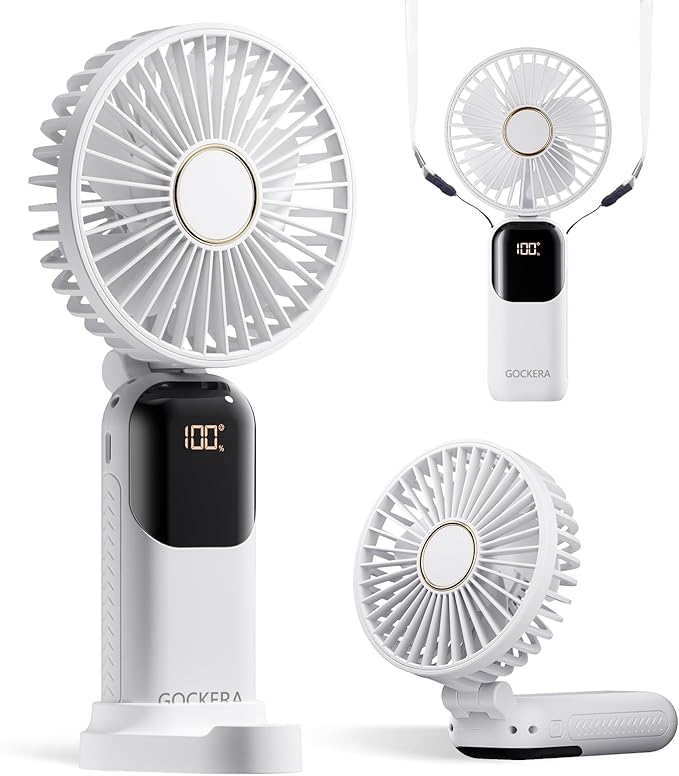 GOCKERA Portable Fan, 4200mAh Battery Operated Fan, 5 Speeds&Digital Display, Makeup Fans for Women with Base, 180°Foldable 3in1 Handheld/Neck/Desk Fan for Outdoor Indoor,Ultra Quiet (White)