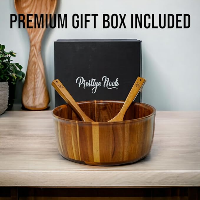 Extra Large Wooden Salad Bowl - 12“ x 5” Acacia Wood Serving bowl with 2 servers, Large Fruit bowl for food with serving utensils, Housewarming Wedding Christmas Gift