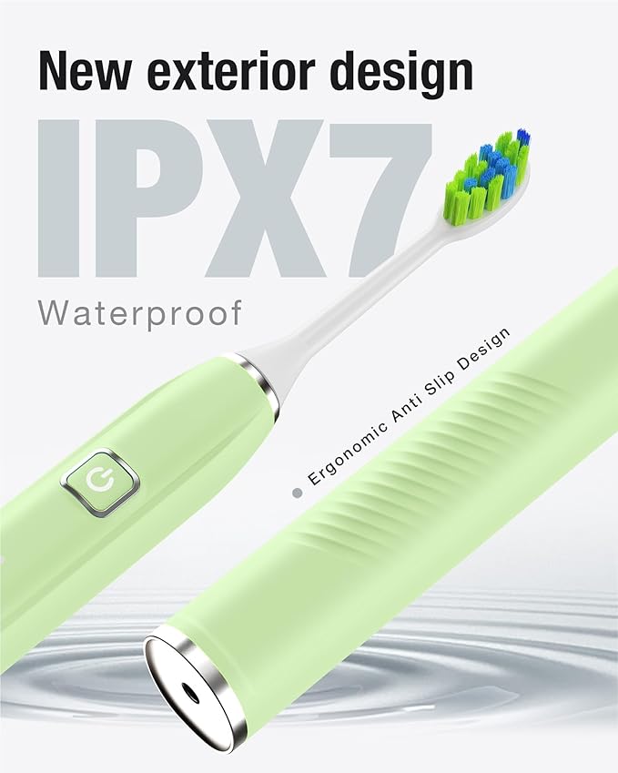 7AM2M Sonic Electric Toothbrush with 6 Brush Heads for Adults&Kids, One Charge for 120 Days, Wireless Fast Charge, 5 Modes, 40000VPM Powered Toothbrush, 2 Minutes Built in Smart Timer (Light Green)