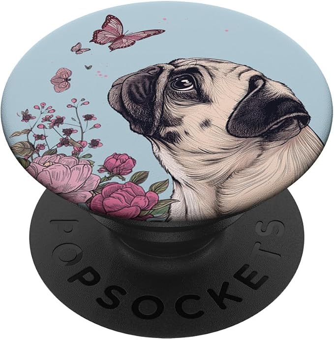 Pug Butterfly Cute Dog Flowers Cute Pug PopSockets Adhesive PopGrip