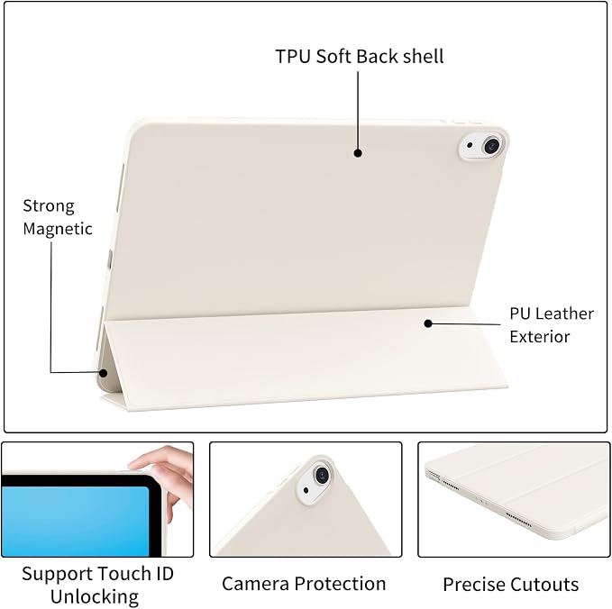 Case for iPad Air 11 Inch M4/M3/M2 iPad Air 5th/4th Gen 10.9 Inch | Soft TPU Back Shell &amp Slim Trifold Stand Cover without Pencil Holder Support Pencil Charging Auto Wake/Sleep Black