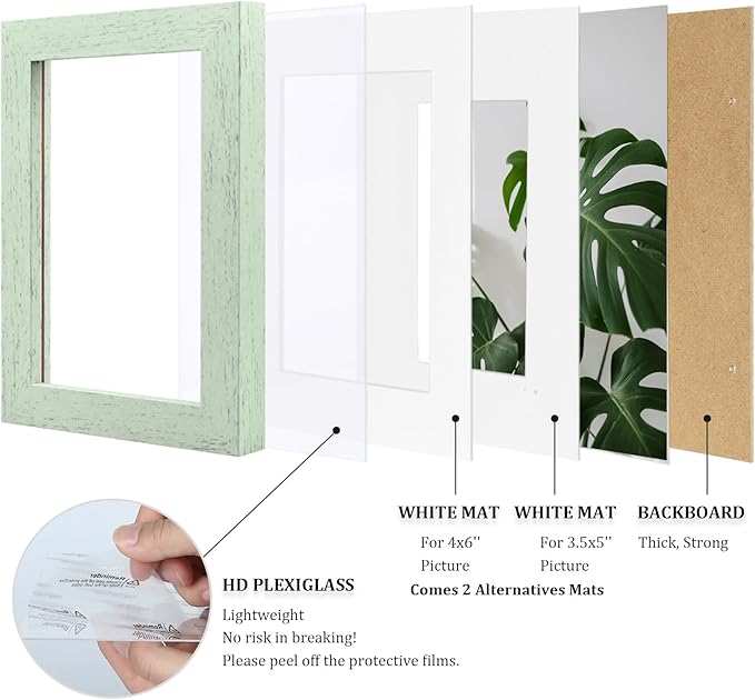 Egofine 5x7 Picture Frame Made of Solid Wood,Covered by Plexiglass Display Pictures 3.5x5/4x6 with Mat or 5x7 Without Mat for Table Top Display and Wall Mounting Photo Frame, Rustic Green