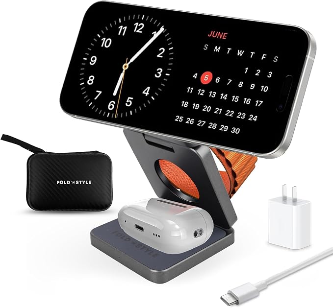 Fold 'N Style 3-in-1 Foldable Magnetic Wireless Charging Stand 15W Fast Charger Compatible with iPhone 15/14/13/12 Pro/Max/Plus Apple Watch AirPods Samsung Galaxy/Note Multi Modes