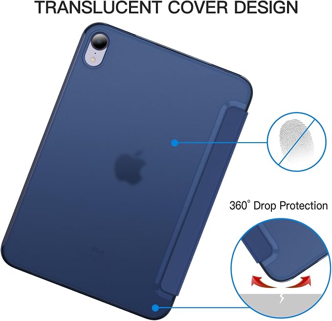 JETech Case Cover for iPad mini A17 Pro/6th Gen (2024/2021) Blue | Slim Translucent Back Design Tri-Fold Stand Auto Wake/Sleep Lightweight Shockproof Protection