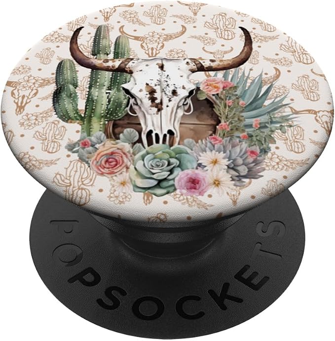 Western Boho Chic Longhorn Bull Skull Cactus Beige Pattern PopSockets Adhesive PopGrip