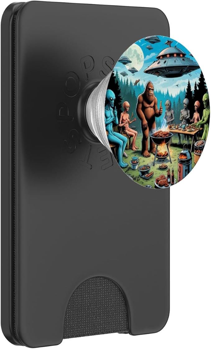 Alien and Bigfoot BBQ UFO Illustration Print PopSockets PopWallet for MagSafe