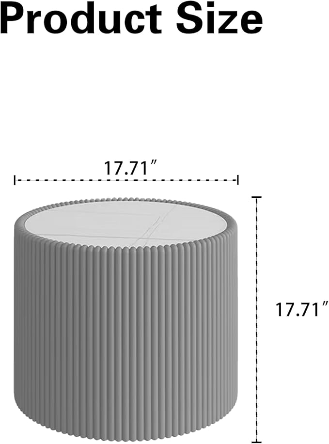 Grey Round Coffee Table with Sintered Stone Tabletop, 17.71" Drum Coffee Table with Fluted PU Leather Covered and Stable Base, Circle Cocktail Tea Table for Living Room