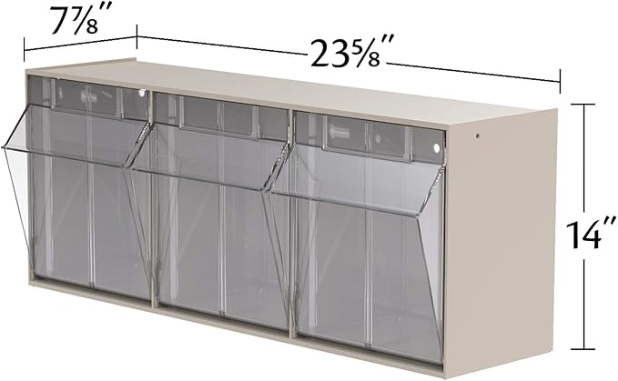 Akro-Mils TiltView Plastic Storage Cabinet with 3 Tilt Out Bins, Horizontal Plastic Parts Organizer, Teacher Toolbox, and Office Supply Organizer, 23-5/8" W x 9-7/16" H x 7-7/8" D, Stone