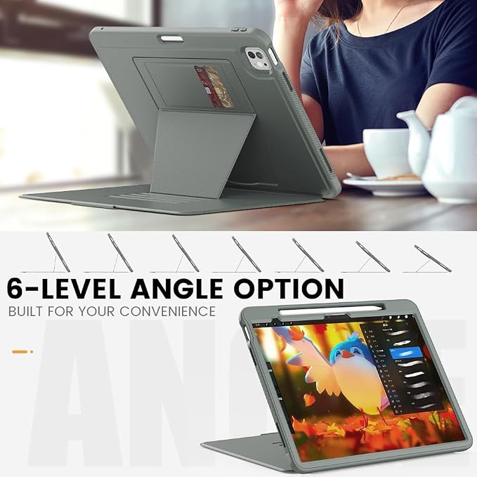 for iPad Pro 11 inch Protective Case M5 2025/M4 2024: Heavy Duty Shockproof Case with Pencil Holder - 360°Rotating Handle/Stand - Screen Protector - Shoulder Strap Black/Sky Blue