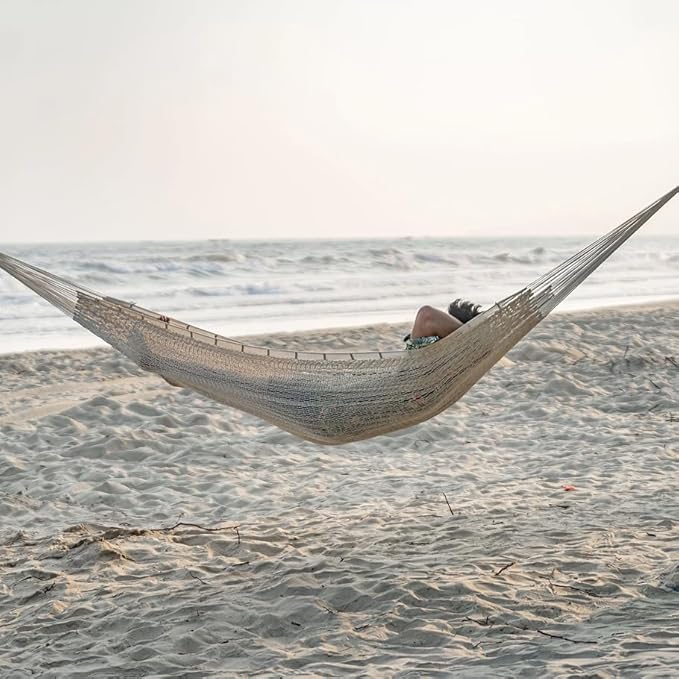 LazyDaze Hammocks Handwoven Outdoor Double Rope Mayan Hammock Bed, Tree Hammocks with Stand for Outside Patio Indoor Bedroom, hamacas para adultos, Beige