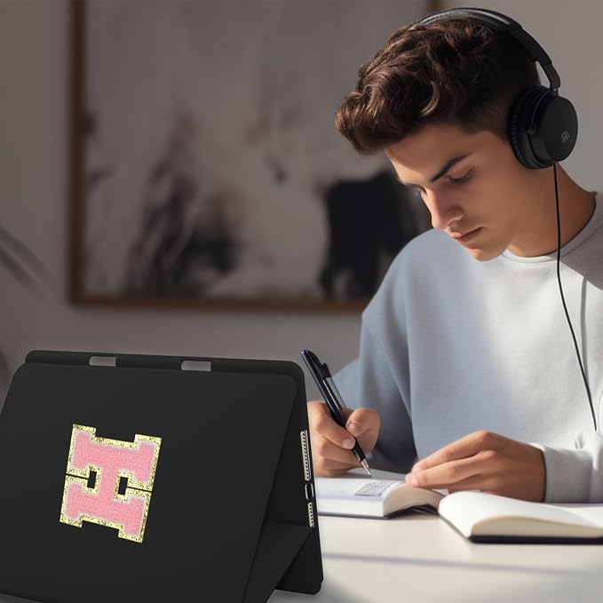 for iPad 9th Generation 10.2 Inch 2021/2020/2019 Case Initial Chenille Letter Suture Personalized for iPad 9th/8th/7th Generation Case with Auto Sleep/Wake Pencil Holder (Black A)
