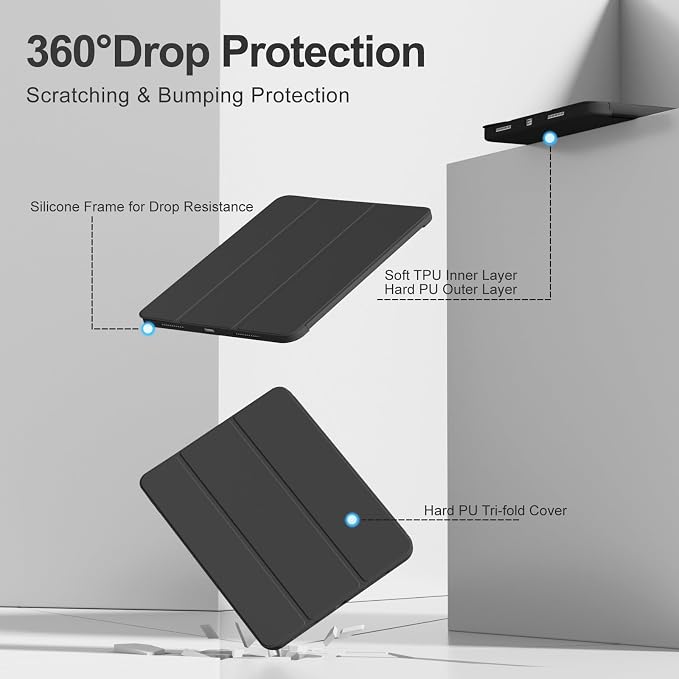 for iPad (A16) 11th Generation Case 11 Inch 2025 Black | for iPad 10th Generation Case 10.9 Inch 2022 with Pencil Holder Smart Trifold Stand Slim Protective Cover Auto Wake/Sleep
