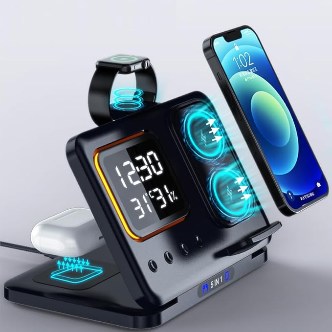 IHAO 3in1 Multifunctional Foldable Wireless Charging Station with LED Ambient Night Light Fast QC3.0 Charger for Phone iWatch Headphone Space-Saving Auto-Shutoff &amp Overcharge Protection-Black