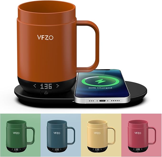 VFZO 16Oz Temperature Control Smart Mug, Self Heating Coffee Mug LED Display, 180 Min Battery Life - Hot up to 149℉ Fast Wireless Charger Base Improved Design (16oz, Orange)
